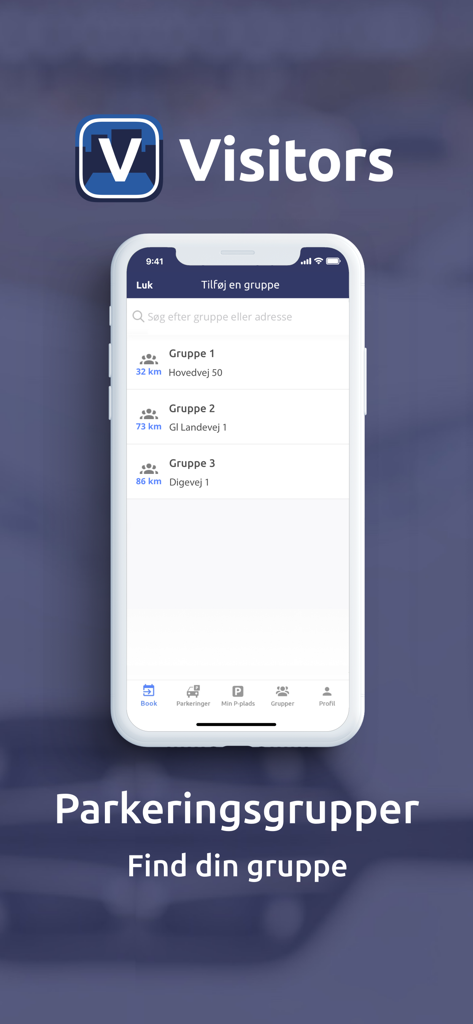 Visitors - Interfaz de la aplicación Visitantes mostrando una lista de grupos de estacionamiento cerca del usuario