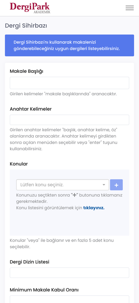 DergiPark Akademik - DergiPark Akademik app journal wizard interface featuring search fields for article titles and keywords