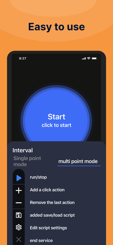 GC Auto Clicker - Interface de l'application mobile GC Auto Clicker montrant les paramètres du mode multipoint et un grand bouton de démarrage bleu