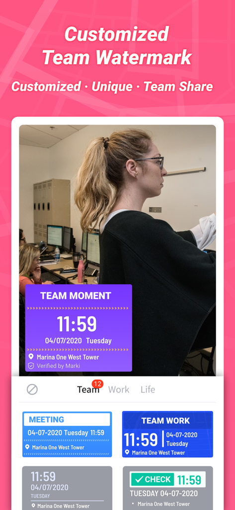 Marki: timestamp & GPS camera - 職場写真にタイムスタンプとGPS位置を含むカスタマイズされたチームウォーターマークを示すMarkiアプリのスクリーンショット