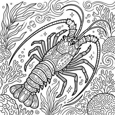 Unleash your creativity with this stunning adult coloring page featuring a highly detailed spiny lobster amidst a vibrant underwater world. Perfect for unwinding, this intricate design offers a mindful escape into ocean depths.