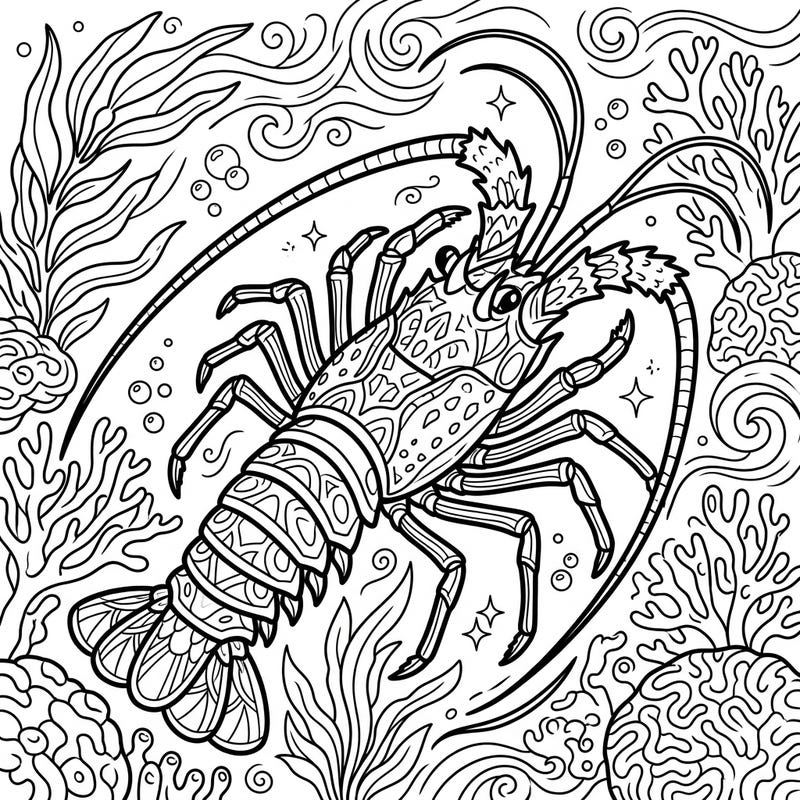 Unleash your creativity with this stunning adult coloring page featuring a highly detailed spiny lobster amidst a vibrant underwater world. Perfect for unwinding, this intricate design offers a mindful escape into ocean depths.