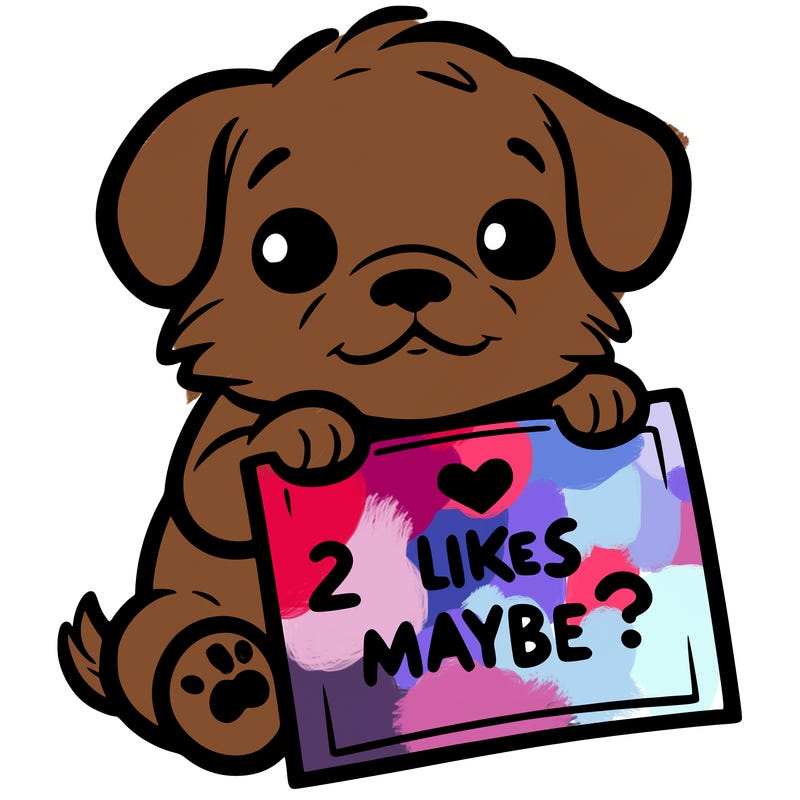 a puppy holding a sign that says 2 likes maybe?