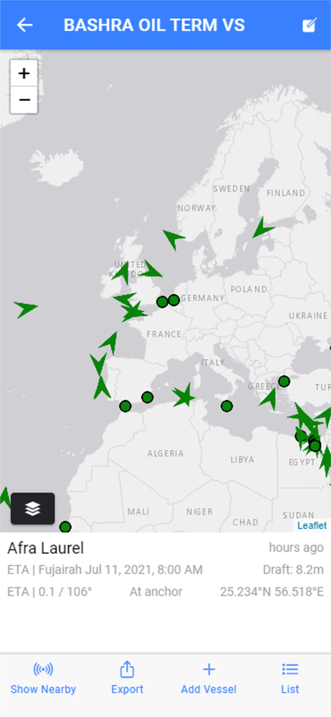 Interactive map displaying ship positions and vessel status details in the maritime tracking app