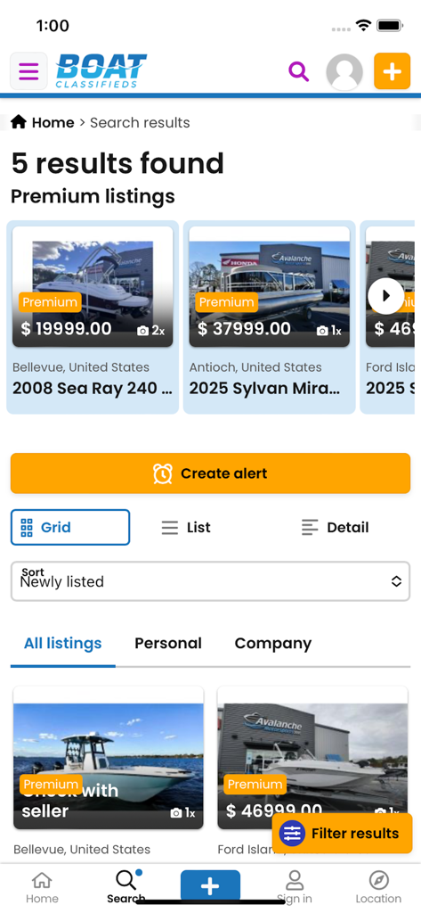 Boat Classifieds - Boat Classifieds mobile app search interface showing multiple boat listings with prices and locations