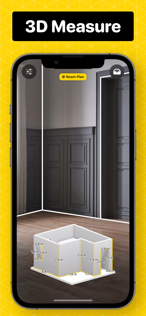 Measuring Tape +ㅤ - AR-Oberfläche der Maßband-App, die einen 3D-Grundriss eines Raumes erstellt.