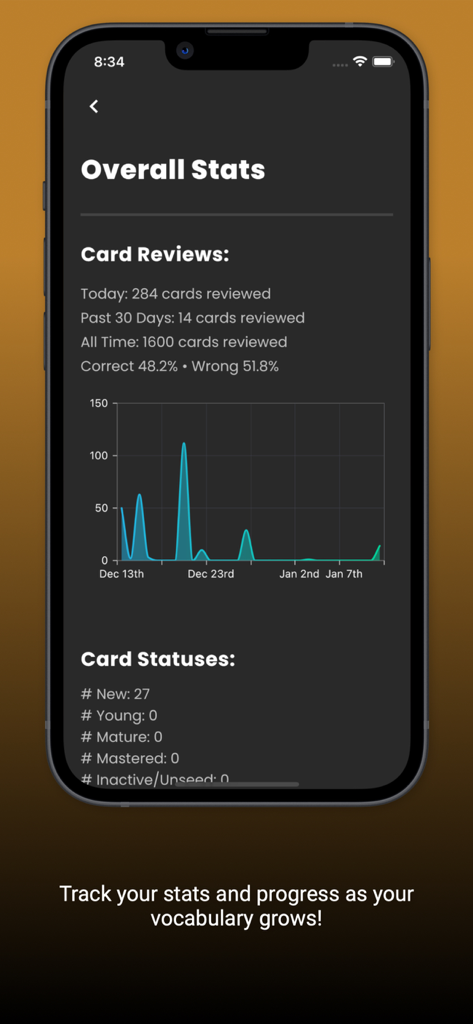 Tagalog Decks - Overall learning statistics and card review progress dashboard in the Tagalog Decks app.