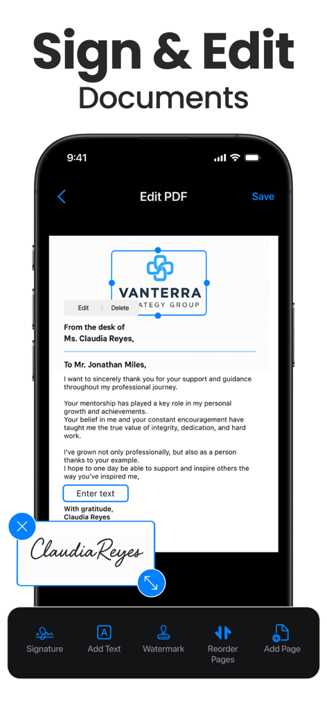 Scanner App - Scan PDF & Docs - デジタル署名でPDFドキュメントに署名し、プロフェッショナルツールで編集しているモバイルアプリのインターフェース。