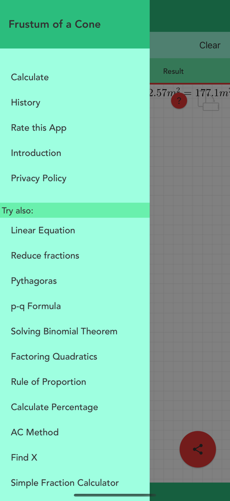 Seitenmenü-Navigation der Kegelstumpf PRO App mit verschiedenen mathematischen Berechnungsoptionen