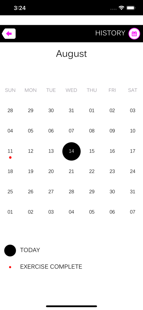 Calendario storico mensile che traccia il completamento degli esercizi facciali e la costanza