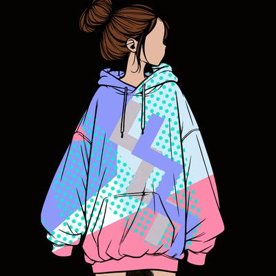 realistic girl with a oversized sweatshirt on and a bun
