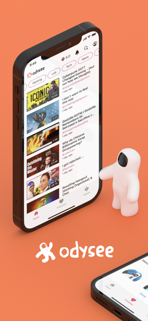 Odysee - Odysee video sharing app interface on an iPhone displaying a feed of diverse indie content.