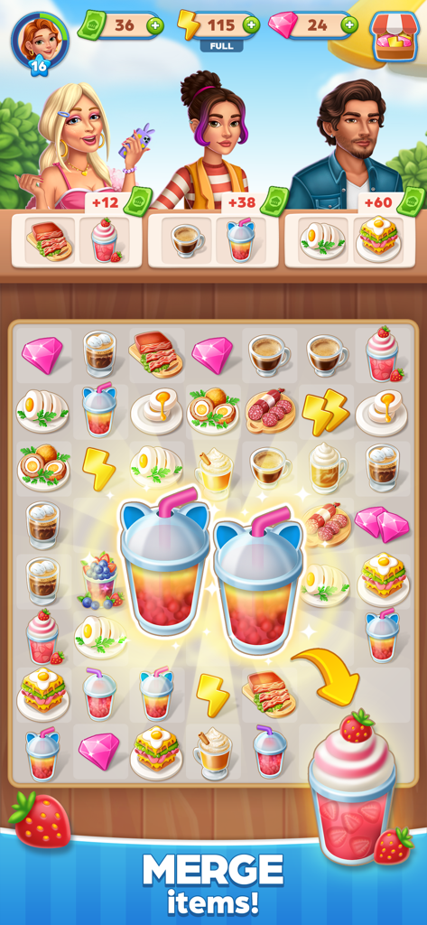 Un plateau de fusion de Journey Home Merge and Stories présentant des plats de café comme des smoothies et des sandwichs avec des portraits de personnages en haut.