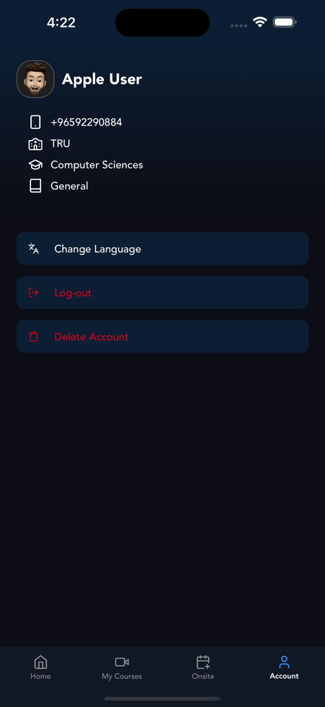 User account profile screen in the Triple AAA app showing educational details and account management options