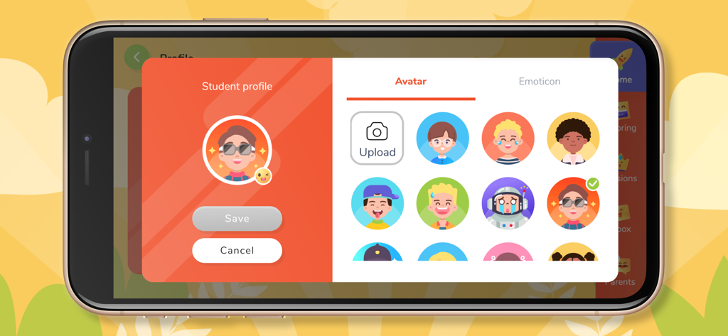 iSMART Pro - Una schermata delle impostazioni del profilo studente in iSMART Pro che mostra varie opzioni di avatar cartoon per bambini.