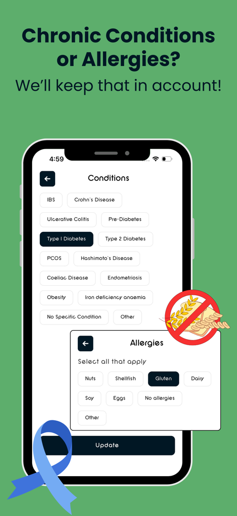 NM: AI Meal Planner & Wellness - Nutrimode app interface showing chronic health conditions and food allergy selection for personalized AI meal planning