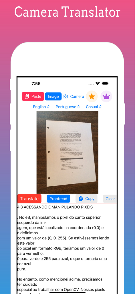 AI Translator, Translate Photo - Pantalla del traductor de cámara mostrando traducción de documentos de inglés a portugués