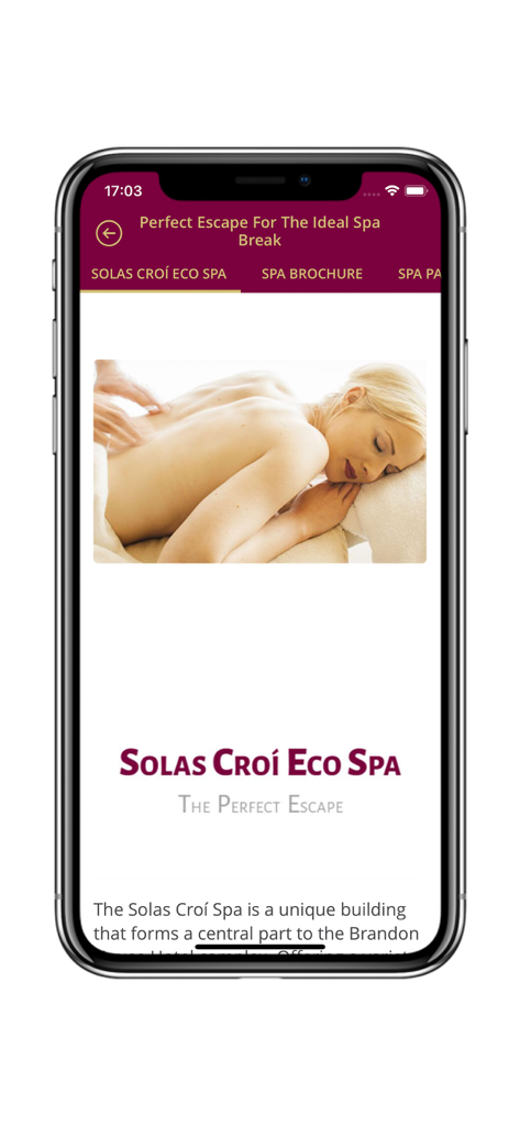 Brandon House Hotel - ブランドン ハウス ホテルアプリのソラス・クロイ・エコスパ画面、スパトリートメントとマッサージを受けている女性を表示