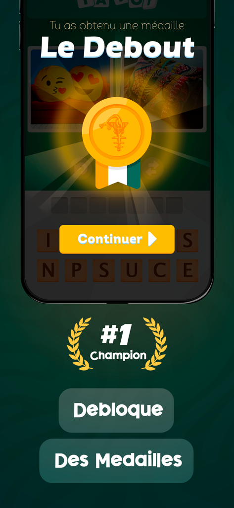 Una captura de pantalla de la aplicación Yafoy que muestra una pantalla de recompensa de medalla de oro con el texto Le Debout y una insignia de campeón.