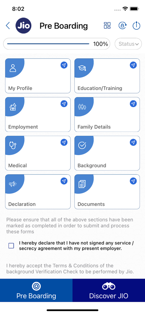 Jio Careers mobile app pre boarding screen showing progress and registration tiles