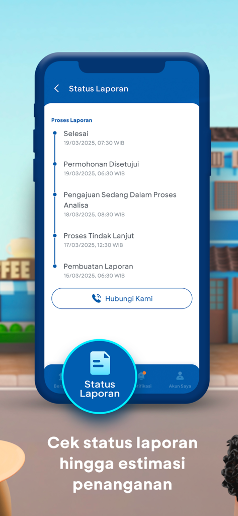 Interface do aplicativo móvel Halo BCA mostrando uma linha do tempo de progresso passo a passo para o status de um relatório bancário