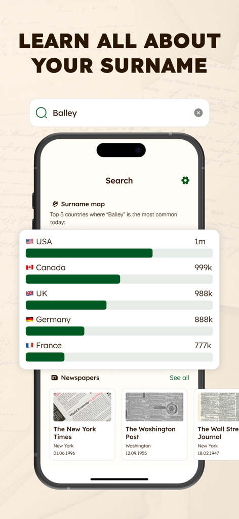 Mobile app interface showing surname distribution map by country and historical newspaper archives for genealogy research