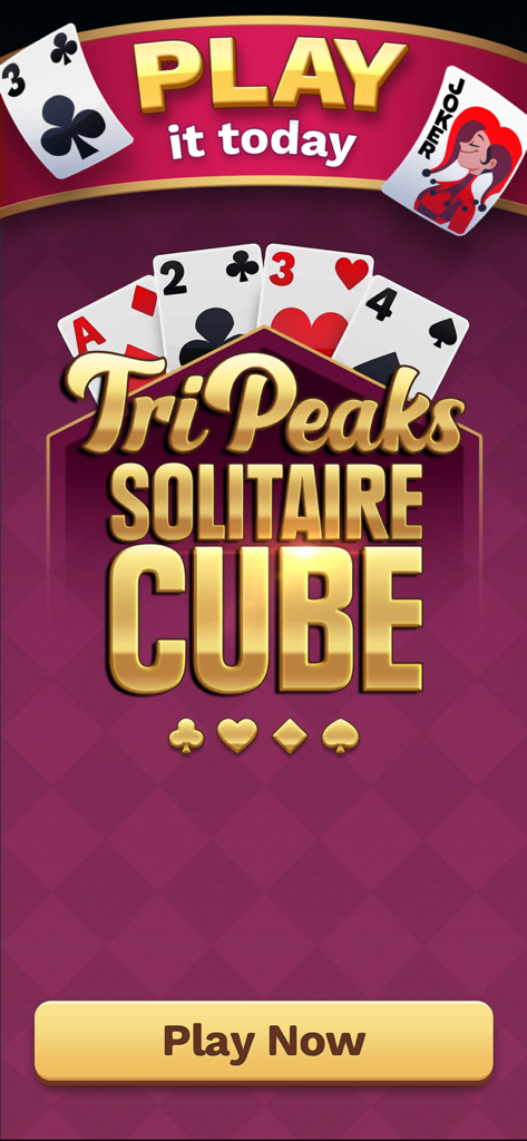 TriPeaks Solitaire Cube - TriPeaks Solitaire Cube title screen showing playing cards and a play now button