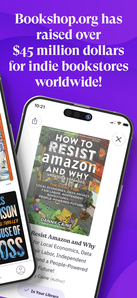Bookshop.org Ebooks - Bookshop.org app screen showing the book How to Resist Amazon and Why and a message about raising 45 million for indie bookstores.