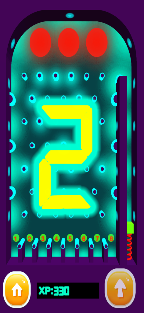 Pinball 6 Ball 3D Machine gameplay screen showing a neon teal table with a large digital number two and XP counter