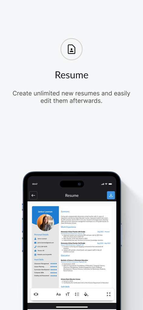 CVwizard: Online CV maker - A smartphone screen displaying the CVwizard resume editor with a professional CV template
