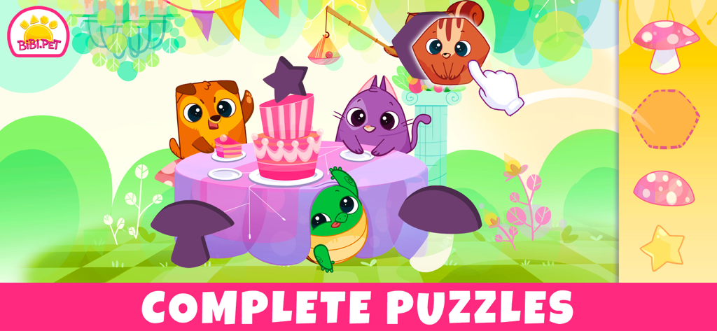 Bibi Toddler Learning Games 2+ - Cartoon animals celebrating around a table with a cake in a shape matching puzzle for toddlers
