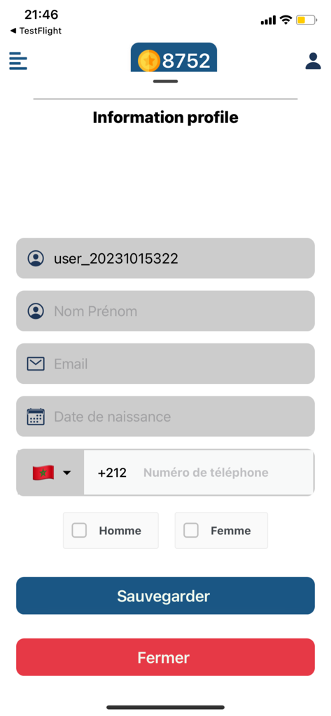 Fun Foot - Tela de informações do perfil do usuário no aplicativo Fun Foot mostrando detalhes da conta e campos de configurações pessoais.