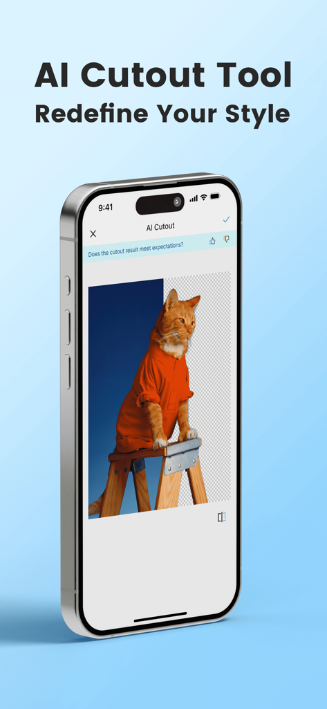 Labelnize - Labelnize app interface showing the AI cutout tool removing a background from an image of a cat on an iPhone