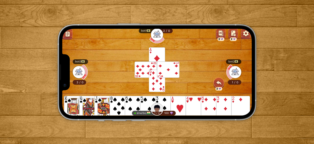 Callbreak : Card game - Gameplay screenshot of Callbreak card game showing a four player match on a wooden table