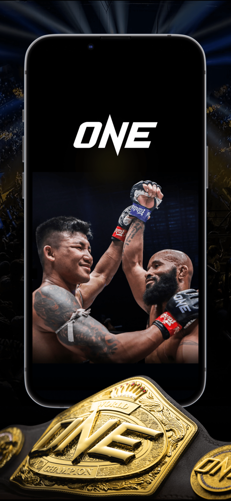 ONE Championship app interface featuring fighters Rodtang and Demetrious Johnson with a gold world champion belt