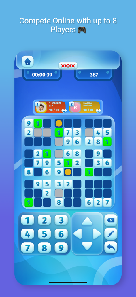 Uma captura de tela do aplicativo Sudoku Up exibindo uma partida de quebra-cabeça lógico multijogador online em tempo real entre dois jogadores.
