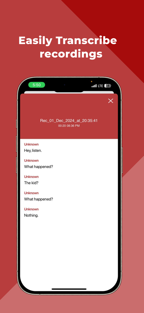 Screenshot of Callbox app showing the automated transcription of a recorded phone call on an iPhone.
