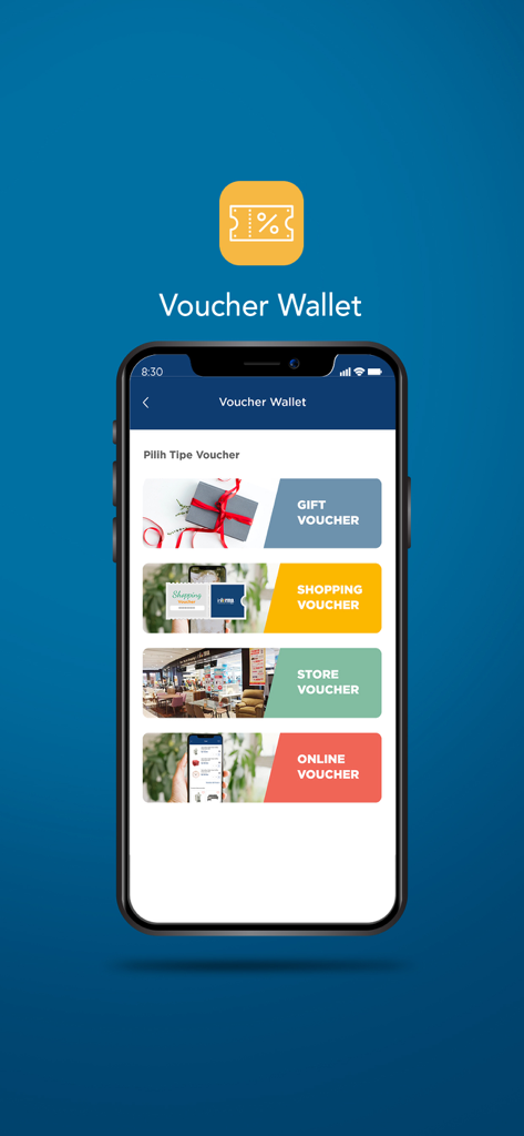 INFORMA - L'écran Portefeuille de bons de l'application INFORMA affichant le magasin de cadeaux et les options de bons en ligne