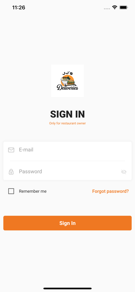JJ's for Restaurants - The sign in screen of the JJ's for Restaurants app specifically for restaurant owners to log in with their email and password