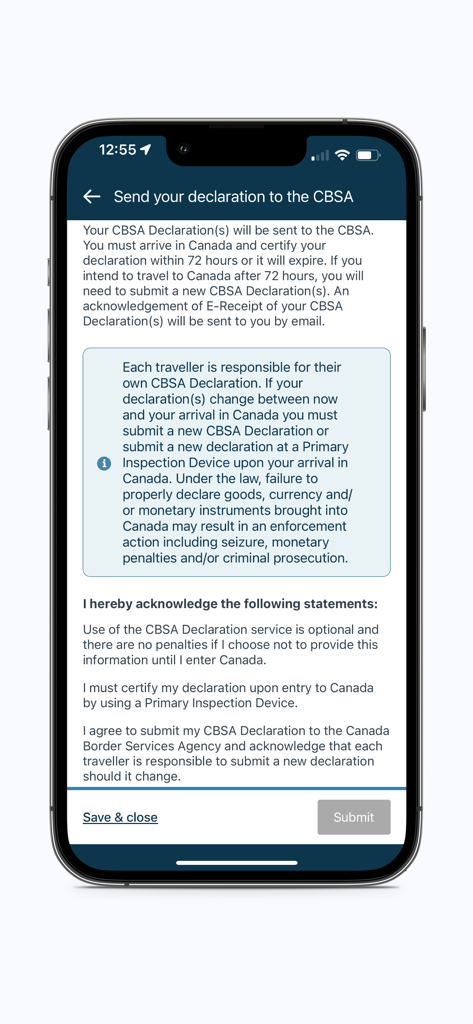 Submission screen for Advance CBSA Declaration in the ArriveCAN app