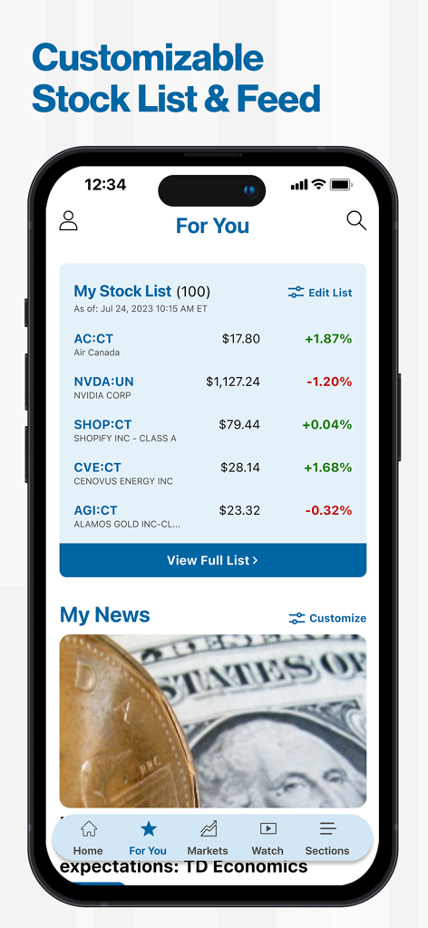BNN Bloomberg app interface showing a customizable stock watchlist and personal news feed on an iPhone