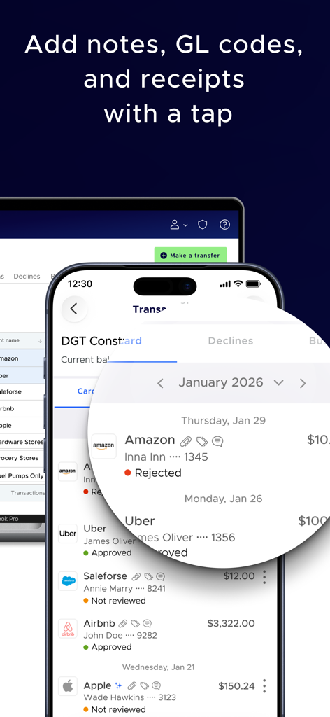 Tela do aplicativo móvel PEX mostrando uma lista de transações comerciais com opções para adicionar notas e recibos