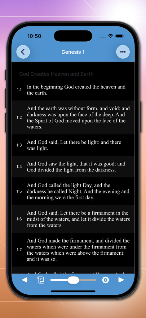 Bible-Simple Bible - Interface of the Simple Bible app showing Genesis chapter 1 in dark mode on a mobile device.
