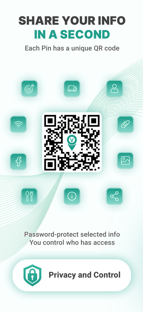 VayaPin - VayaPin app interface showing a unique QR code for sharing location and personal information with privacy and password protection