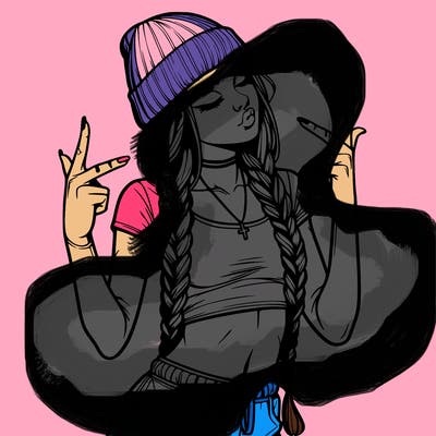 realistic teenage girl with braids and a beanie and crop top doing 🫶🏼