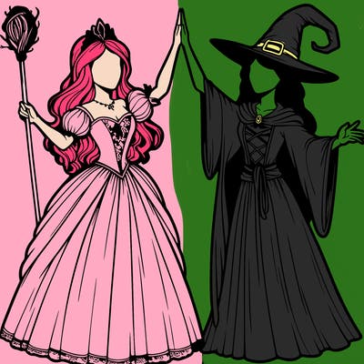 detailed realistic split of a princess and a witch