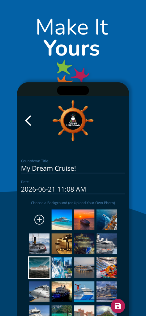 Cruise & Travel Countdown - A mobile screen showing customization options for a cruise countdown including title date and background image selection