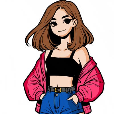 a realistic girl with a crop top and short shorts in an open jacket