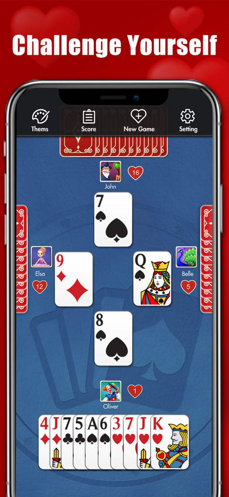 Schermata di gioco del gioco di carte Hearts su un telefono cellulare che mostra carte e giocatori