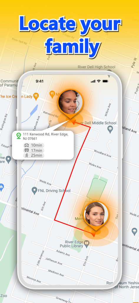 Find my Friends: Phone Tracker - Interfaz de smartphone que muestra las ubicaciones de los miembros de la familia y los tiempos de viaje en un mapa